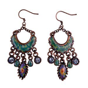 Vintage Copper Tone Womens Chandelier Earrings Green Floral Glass Accents
